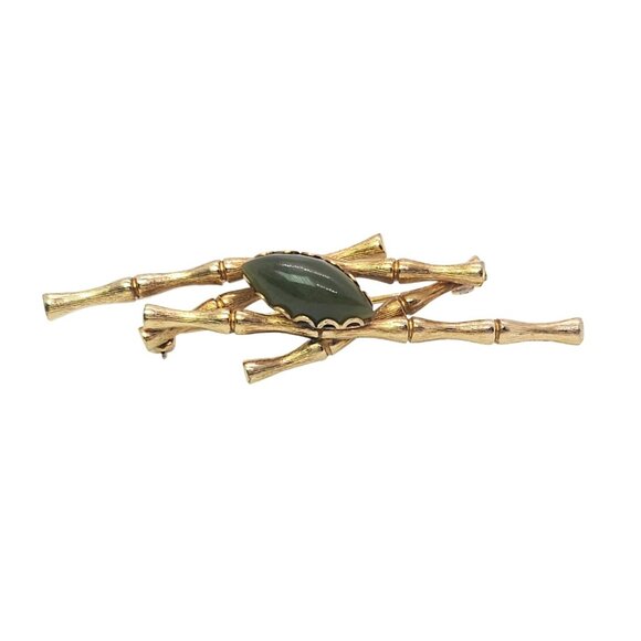Rolyn Inc. 1/20 12K Gold Filled Bamboo Brooch With Jade Cabochon 1960s Vintage - Picture 1 of 14